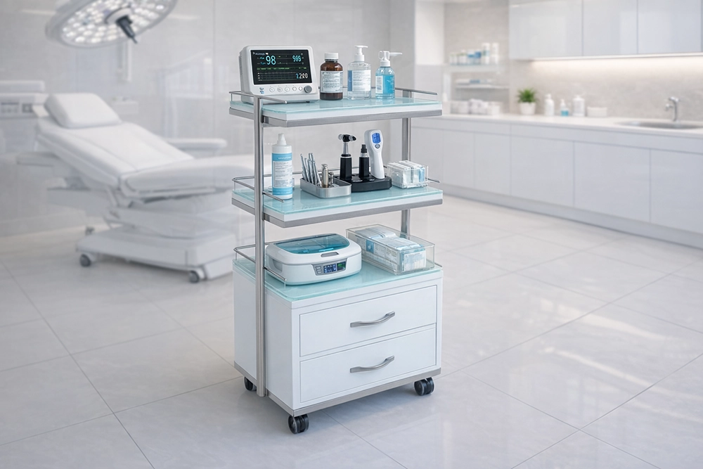 ترالی زیبایی دو کشو سه طبقه شیشه ای